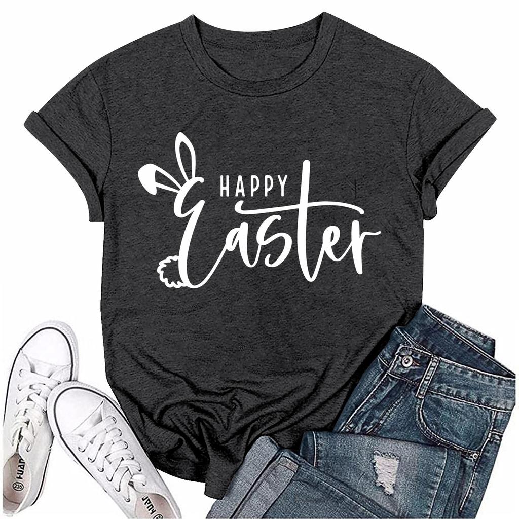 Женская модная пасхальная принтованная повседневная плиссированная круглая футболка с коротким рукавом