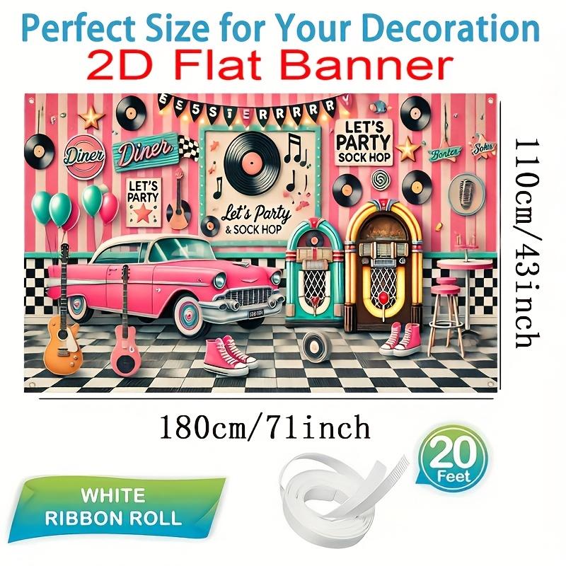 Pink car and vintage music-themed party backdrop fabric made of durable polyester fiber material