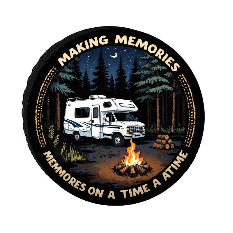Night Forest RV Camping Pattern Spare Tire Cover, Durable Polyester Fiber Dustproof Sunproof Car Tire Cover With Starry Campfire