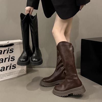 Однотонные темпераментные ретро ботинки на толстом каблуке и платформе в британском стиле женские 2025 новые осенние ботфорты до колена