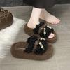 Bow Thick-bottomed Fluffy Slippers for Women's 2025 Winter New Outer Wear One-word Drag Internet Celebrity Plush Cotton Slippers Atmosphere