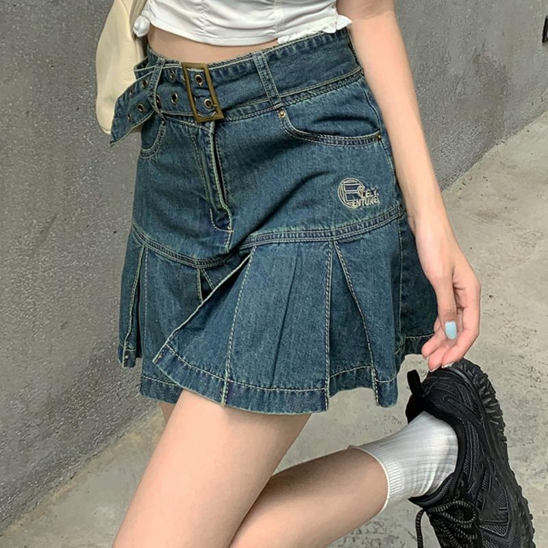 WTEMPO Kawaii Hot Girl Джинсовая юбка Женская плиссированная юбка Y2K Повседневная студенческая стильная тонкая мини-юбка с высокой талией в готическом стиле