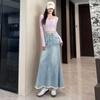 Retro High-waisted New Denim Skirt for Women Mid-length Slim Fur Edge A-line Versatile Fishtail Hip-padded Skirt