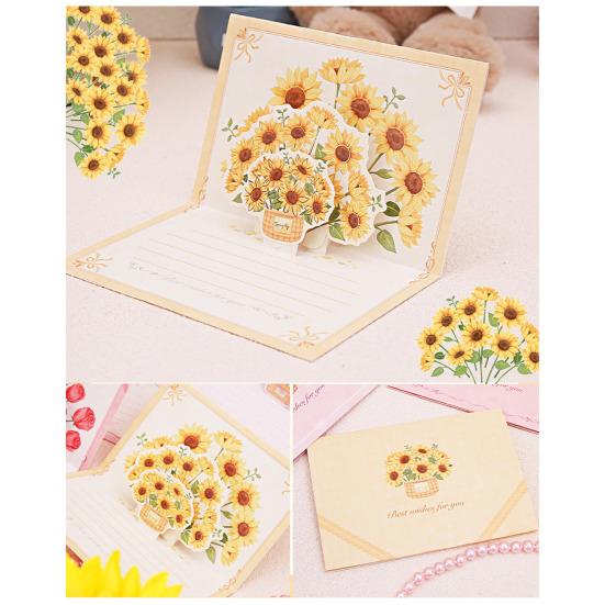 Pop-Up Greeting Card 3D Flower Bouquet Card Handmade Rose Sunflower Tulip Gift Card for Mother's Day Graduation Anniversary