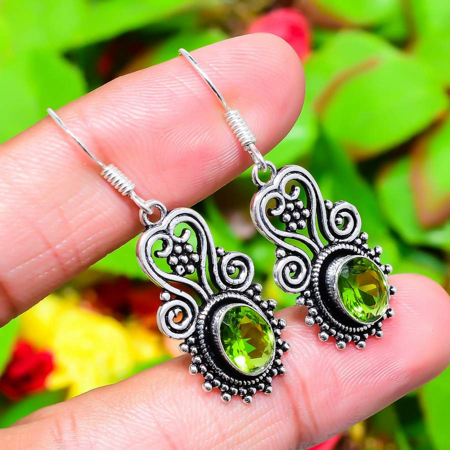 Серьги ручной работы из стерлингового серебра 925 пробы с натуральным драгоценным камнем перидот 1,77 дюйма W4Y19