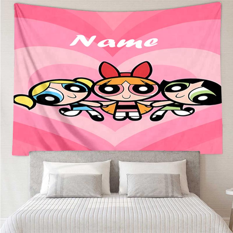 Custom Name The Powerpuff Girls Print Tapestry, Backdrop, Easy Setup, Ideal for Bedroom, Office & Living Room, with Aesthetic Wall Hanging Decor.
