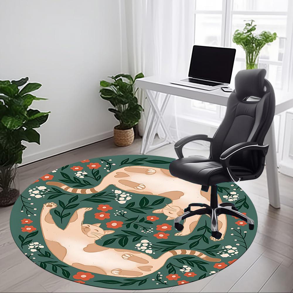 1pc Floral Cats Office Round Area Rug, Mat Suitable For Office, Under Office Chairs Bedroom Living Room Home Decor, Room Deco