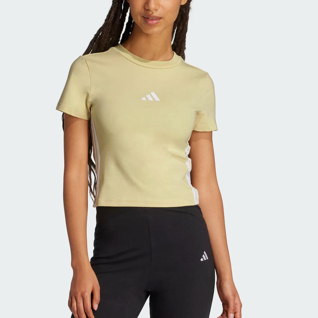 Adidas Essentials Приталенный пуловер в тонкую полоску с круглым вырезом, футболка с коротким рукавом, женские футболки, пудрово-желтый, белый JE1246