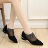 Women Summer Fashion Black Lace Rhinestone Sandals Flowers Low Heel Sandals Mesh Plus Size 35-43