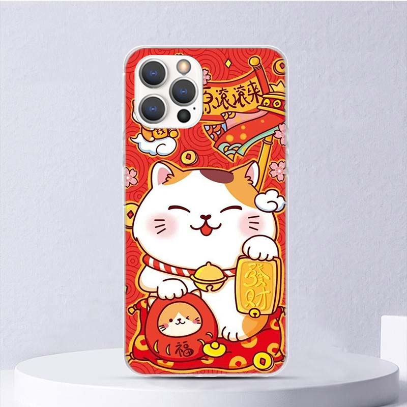 Счастливый Кот Манеки Неко Японский Мягкий Чехол Для iPhone 16 17 Air 16E 15 Plus 11 12 13 Mini 14 Pro Max Чехол Для Телефона Apple 7 8 SE Coqu