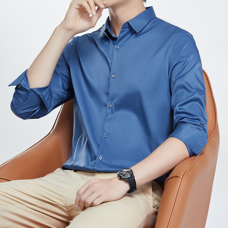 Рубашка из мерсеризованной немаркой мужской с длинным рукавом, не мнется, деловой костюм, свадебная рубашка, однотонная