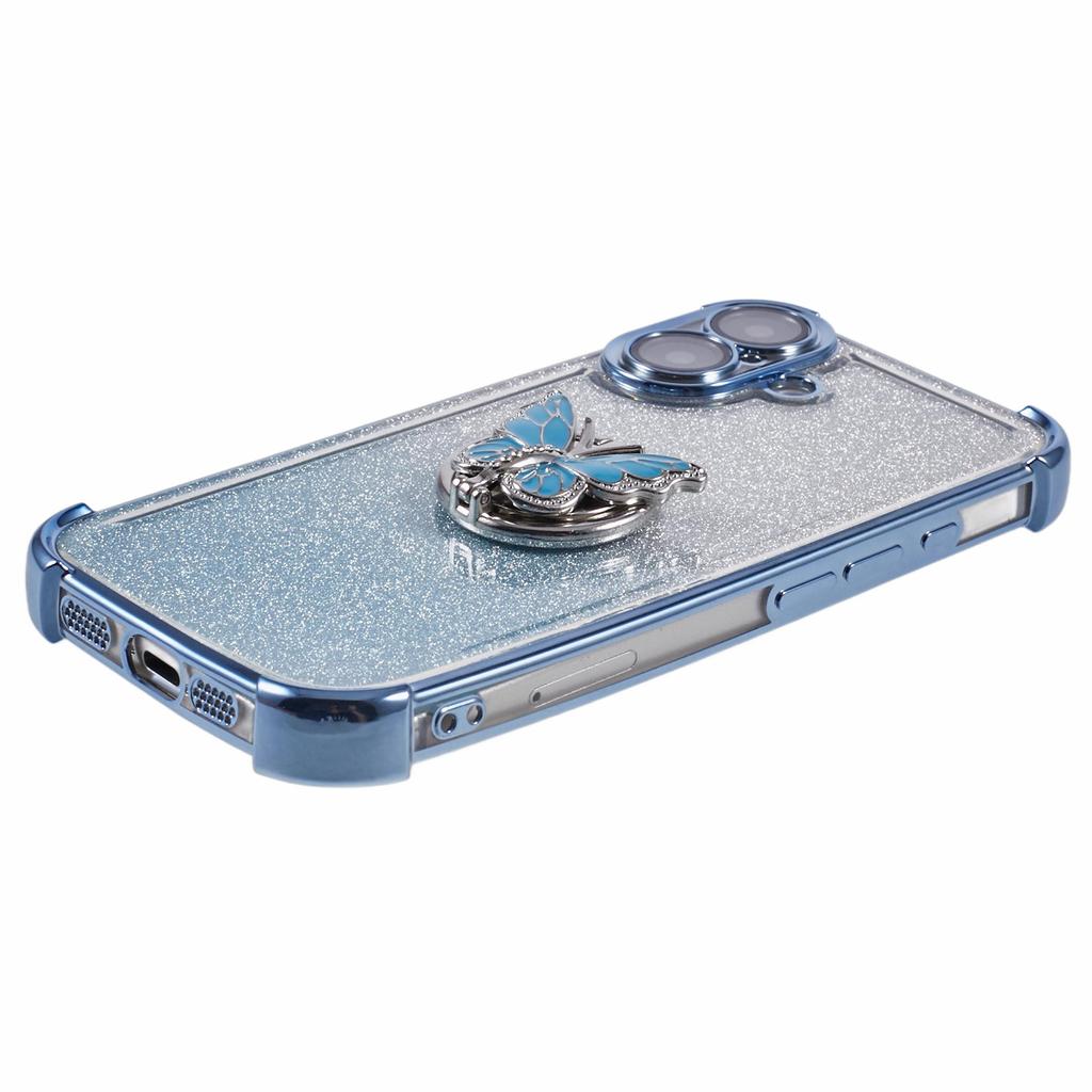 For iPhone 16 Case Butterfly Kickstand Glitter TPU Shockproof Phone Cover - Blue