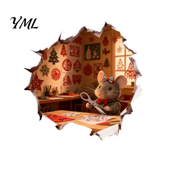 Winter Theme Wall Sticker 3D Christmas Mouse Hole Sticker, Waterproof PVC Decal, Creative Festive Decorative Scene Easy Apply for Holiday Living Room