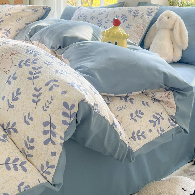 Class A Fresh Four-Piece Set: Washed Cotton Bed Sheet & Duvet Cover with Double Layer Gauze - Home Bedding Collection