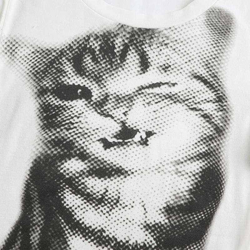 Укороченный топ с принтом «Мозаика кота» в стиле Харадзюку, повседневные базовые футболки с длинным рукавом, облегающие футболки с круглым вырезом Y2K