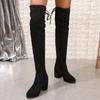 Модные женские туфли на каблуках из искусственной замши, новые зимние эластичные сапоги до колена для женщин, сапоги-трубы со шнуровкой, высокие сапоги на толстом каблуке, черные, Botas Mujer