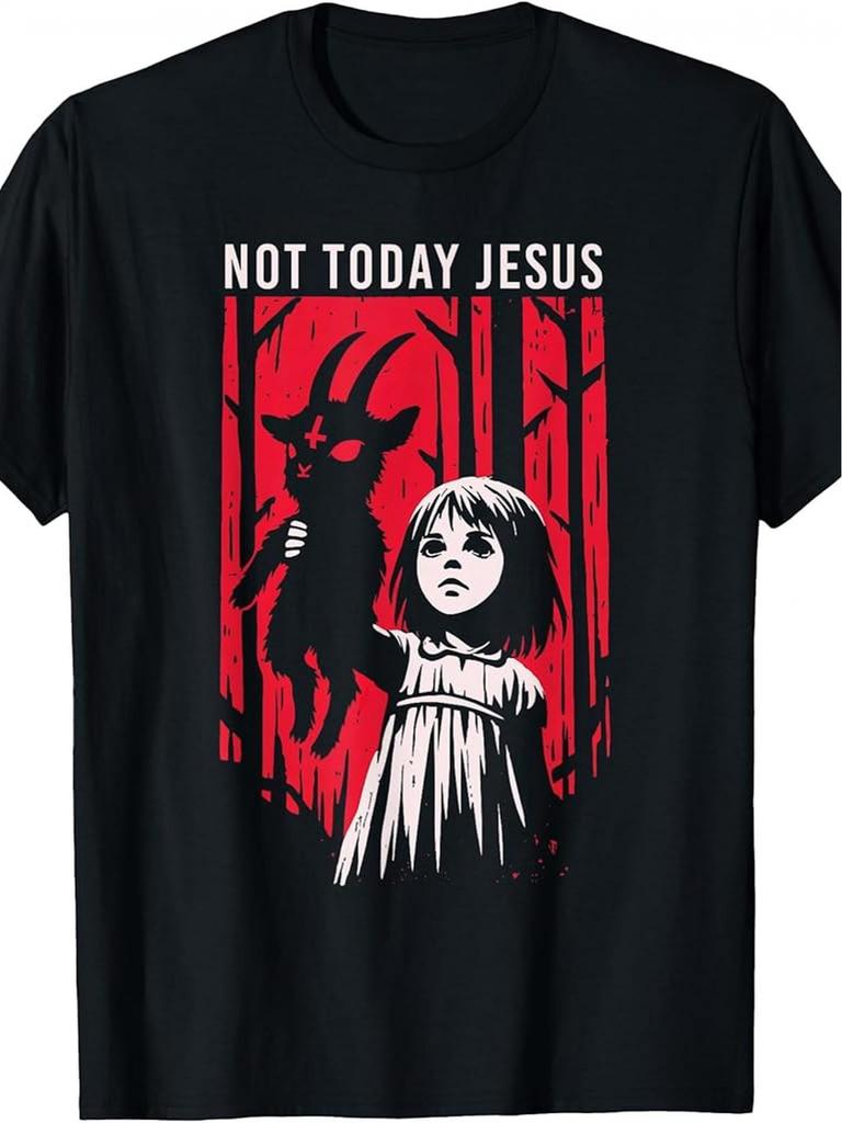Men'S 100% Cotton Hot Stamping/printing T-shirt100% Made In America Not Today Jesus Satan Goth Black Goat Demon