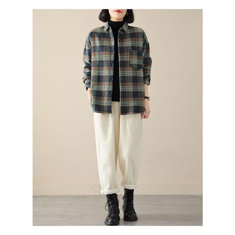 Casual Loose-Fitting Plaid Cotton Shirt for Women, Perfect for Autumn