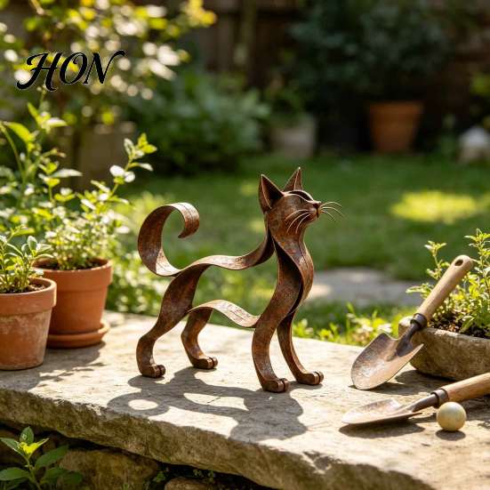 Handmade Metal Art Hollow Cat Figurine, Retro Silhouette Sculpture, Rustic Artistic Craft Gifts Statue for Home Decor Living Room Desktop Bookshelf