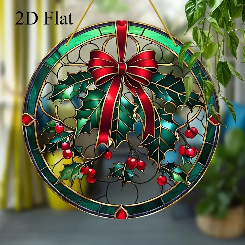 2D Flat Printing On Acrylic. 2D Flat Christmas Holly And Ivy Sun Catcher - 2D Flat Acrylic Window Hanging, Festive Red Bow Design, Suitable For Home