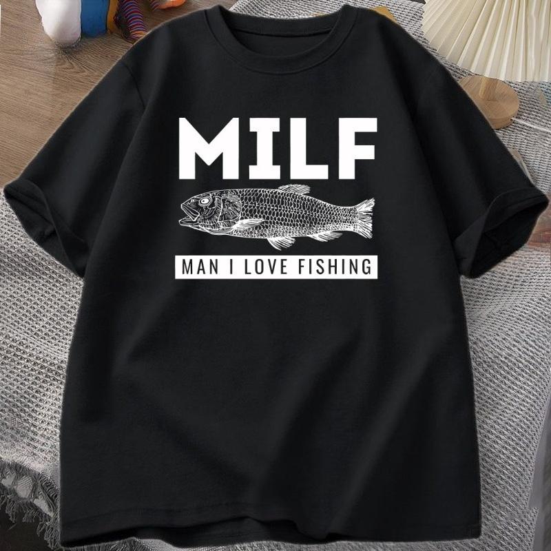 Футболка MILF с рыбой Смешная Рыба Дизайнерская Одежда Хлопок Короткий Рукав Футболка Унисекс Повседневная Базовая Верх Женская Футболка Мужская Одежда