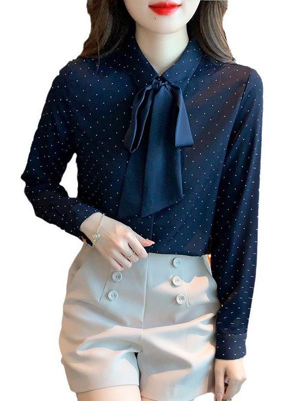 Шифоновая блузка в горошек с бантом - Женская осенняя мода с длинным рукавом