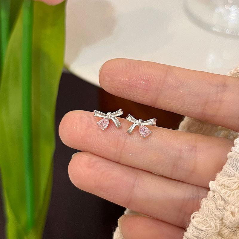 Корейский стиль Высококачественные розовые бриллиантовые серьги-капли с бриллиантами в форме банта Мини-сладкие серьги Niche
