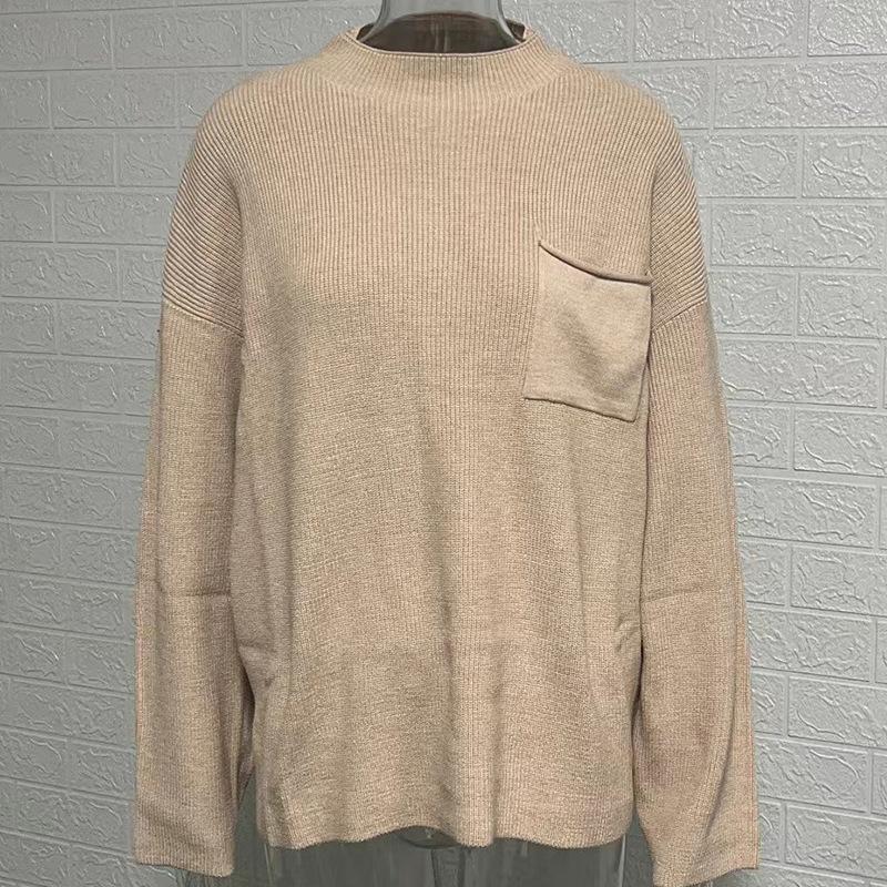 Sweater Women's Fashion Crew Neck Top Casual Long Sleeve Pocket Knitted Pullover