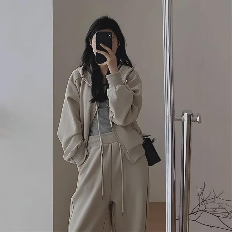 Women's Hong Kong Style Slim Fit Hoodie & Wide-Leg Pants Suit - Casual Winter/Spring Activewear
