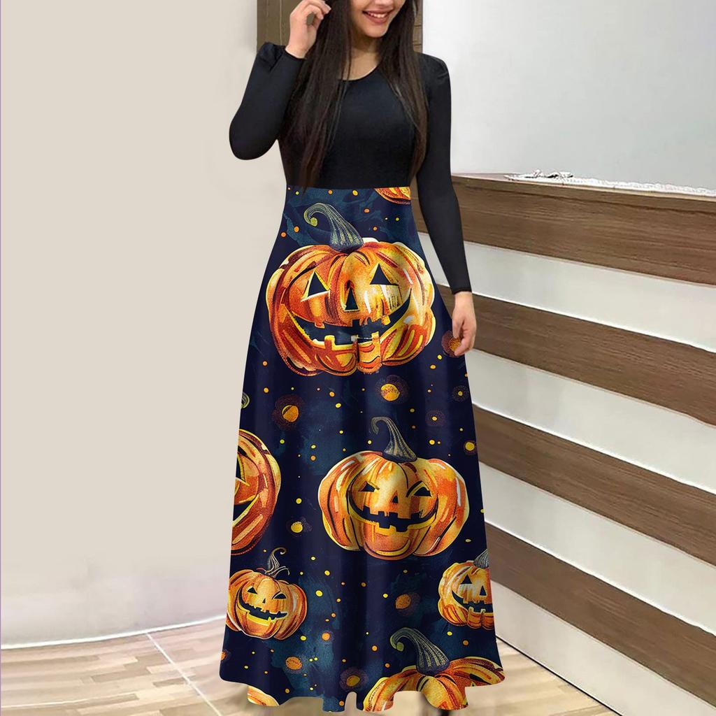 Женское модное повседневное платье макси с круглым вырезом и длинными рукавами