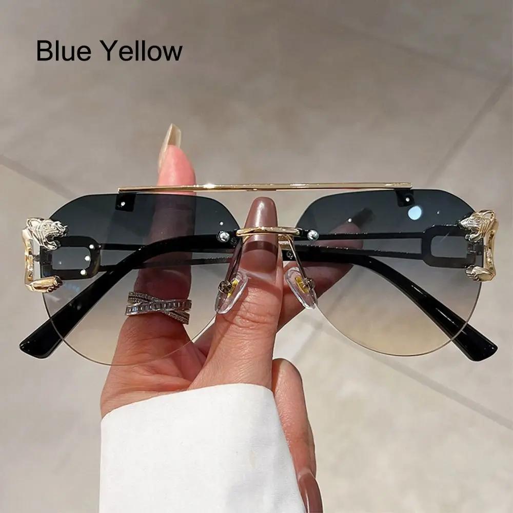 New Rimless Cheetah Decor Sunglasses Gradient UV400 Double Bridge Sun Glasses Shades for Women & Men Lunettes De Soleil Homme