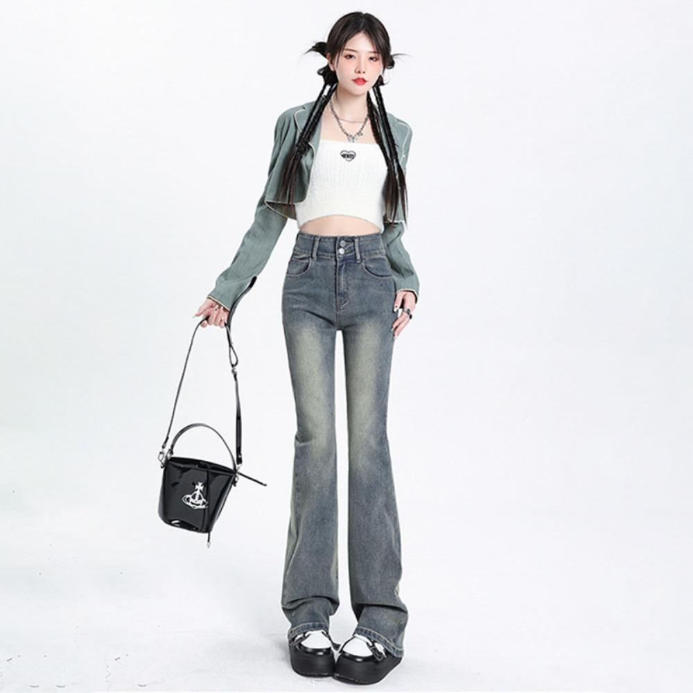 American Retro Micro-flared Jeans for Women's Winter High Waist and Thin Elastic Babes, Small Mopping Horseshoe Pants