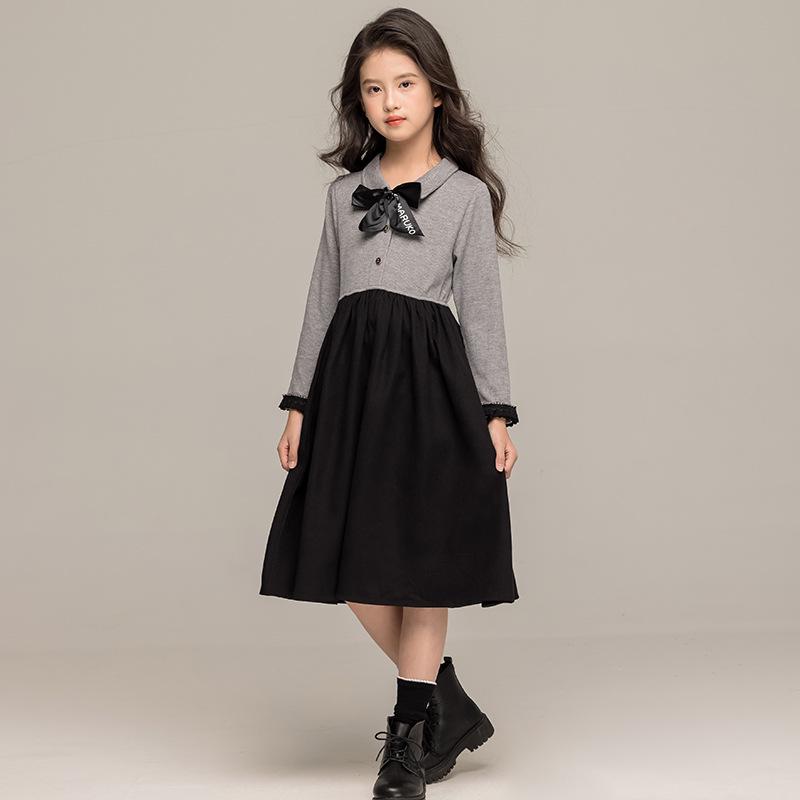 Осеннее платье для девочек в корейском стиле 2024 года с бантом и юбкой с воротником-рубашкой