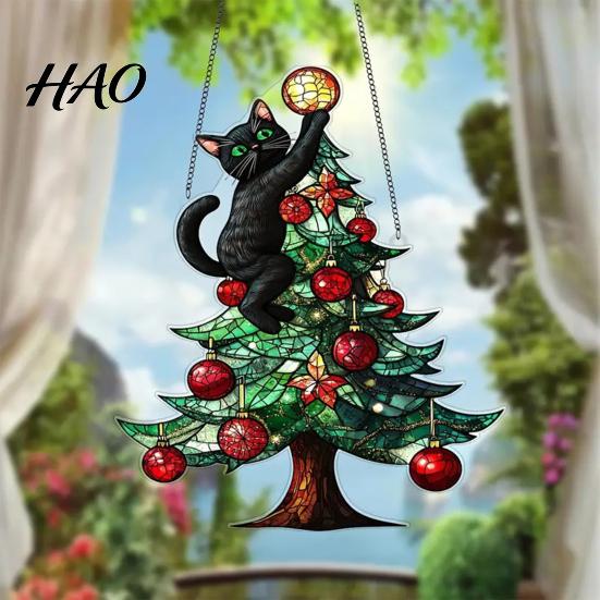 Snowman Party Ornament Christmas Suncatcher, Stained Glass Style Window Hanging Ornament, Cute Cat Santa Black Gift Claus Sun Catchers for Tree Porch