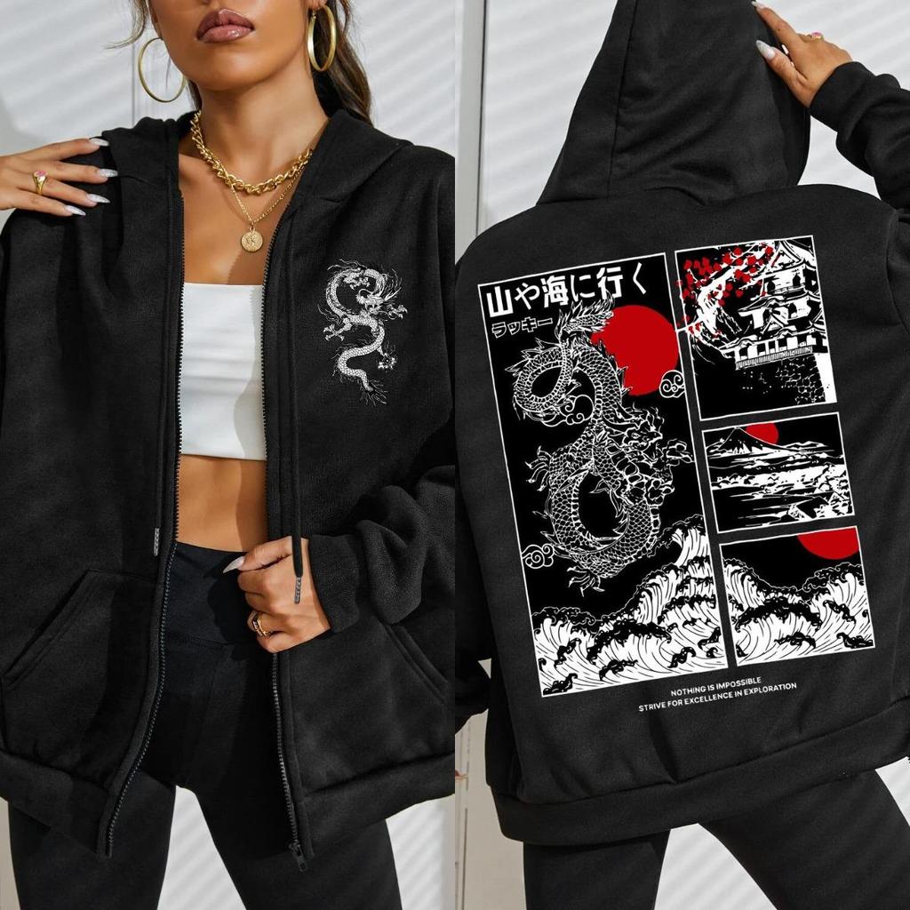 Харадзюку Япония Дракон Цветение вишни Дизайн морской волны Женское худи на молнии Свободная уличная одежда Женская карманная флисовая спортивная одежда