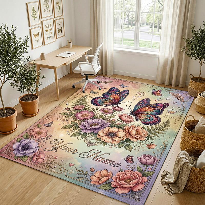 Butterflies Flowers Garden Theme Soft Crystal Velvet Rug Custom Name & Text Print Non Slip Floor Rug for Bedroom Living Room