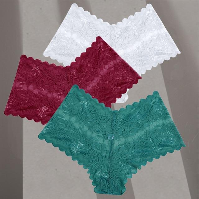FINETOO 3Pcs Women Sexy Low Waist Lace Boyshort Floral Panties S-XL Girls Hollow Out Underwear Ladies Comfortable Underpants Female Lingerie