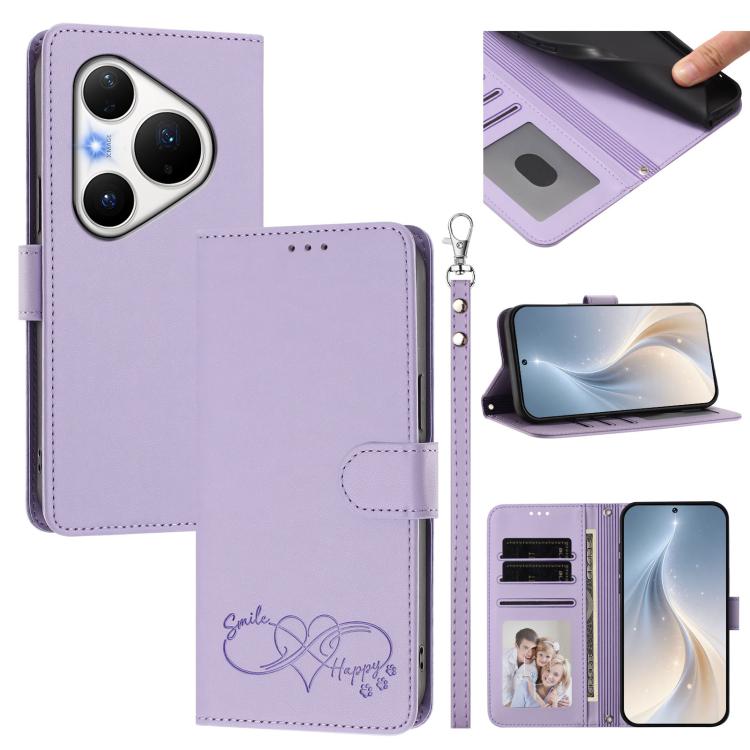 Happy Heart Pattern Magnetic Closure Vegan Leather Phone Case with Wrist Strap For Huawei Mate 60