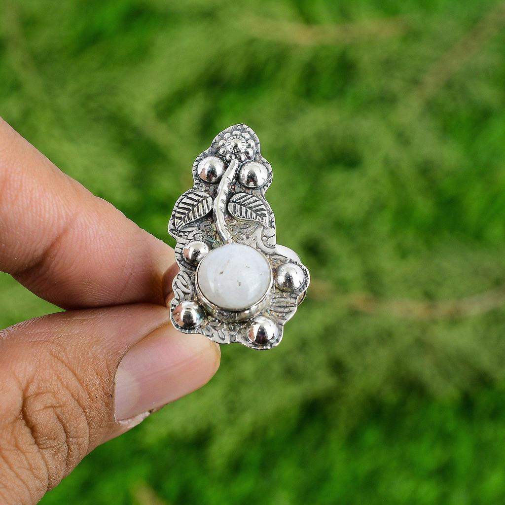 Sterling Silver Rainbow Moonstone Stone Promise Stackable Flower Daughter Ring