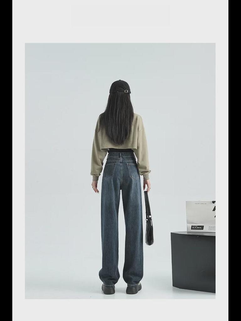 Женские джинсы широкого кроя сине-серого цвета с высокой талией, маленького размера, длиной до пола, с нестандартной косой пряжкой, идеально подходят для весны и осени.