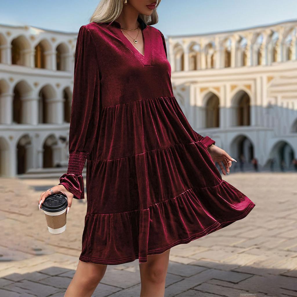 Женское бархатное платье с V-образным вырезом и длинными рукавами, однотонное