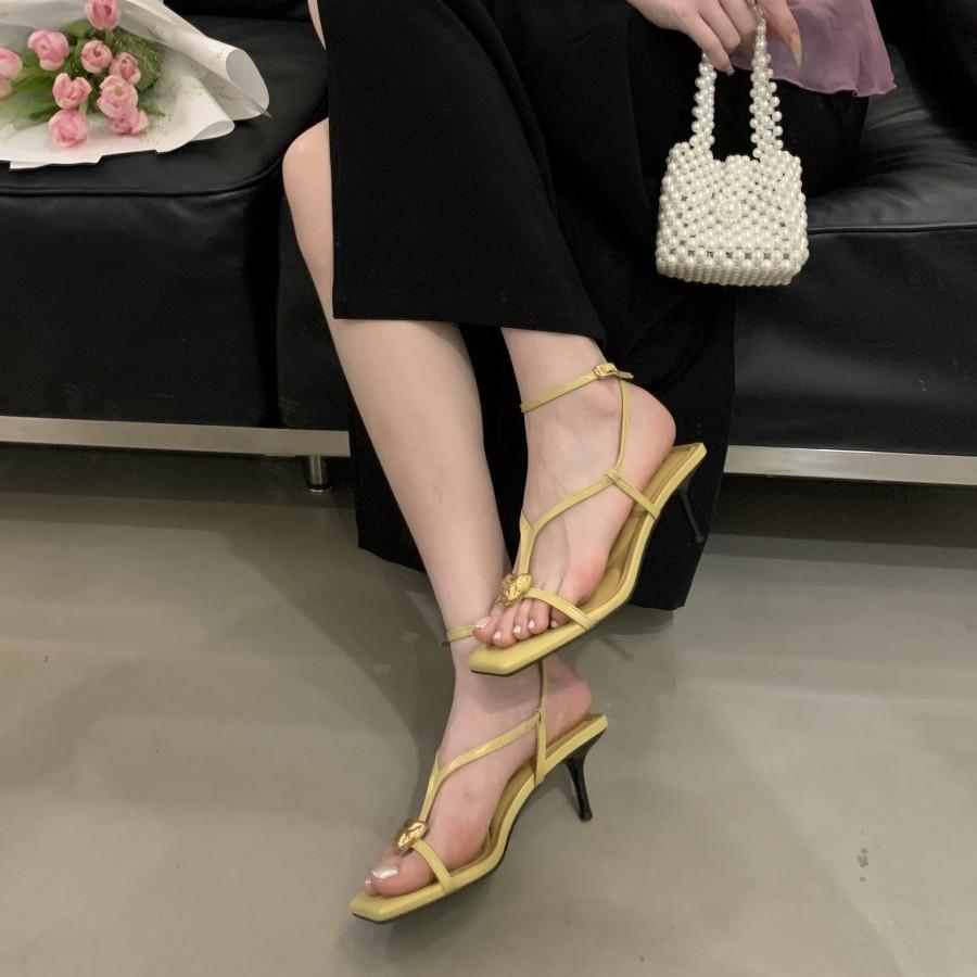 High Heels 2025 New Metal Buckle with Square Head Thin Heel Open-toed Women's Shoes Summer Socialite Sandals