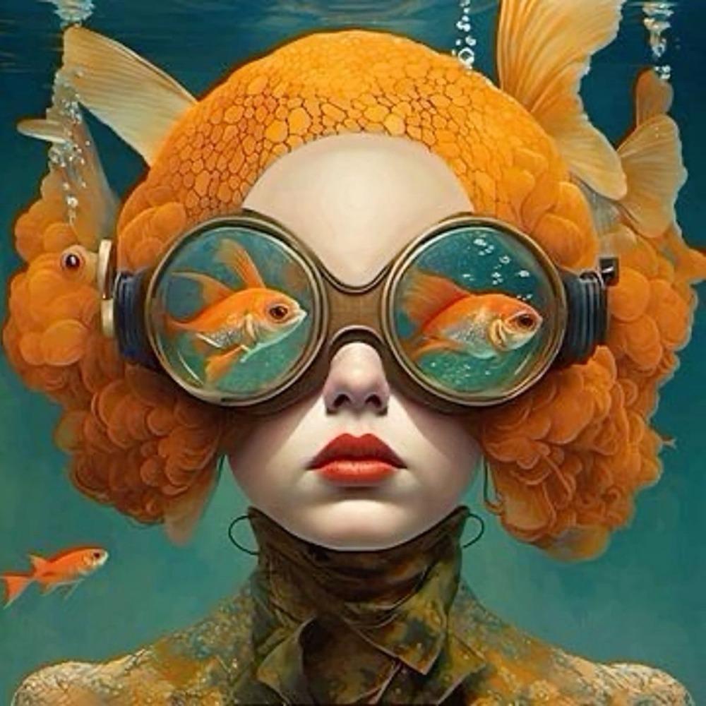 Surrealist Female Portrait Oil On Canvas Wall Art Fantastic Fantasy Fish and Girl Poster Printed Living Room Home Decor