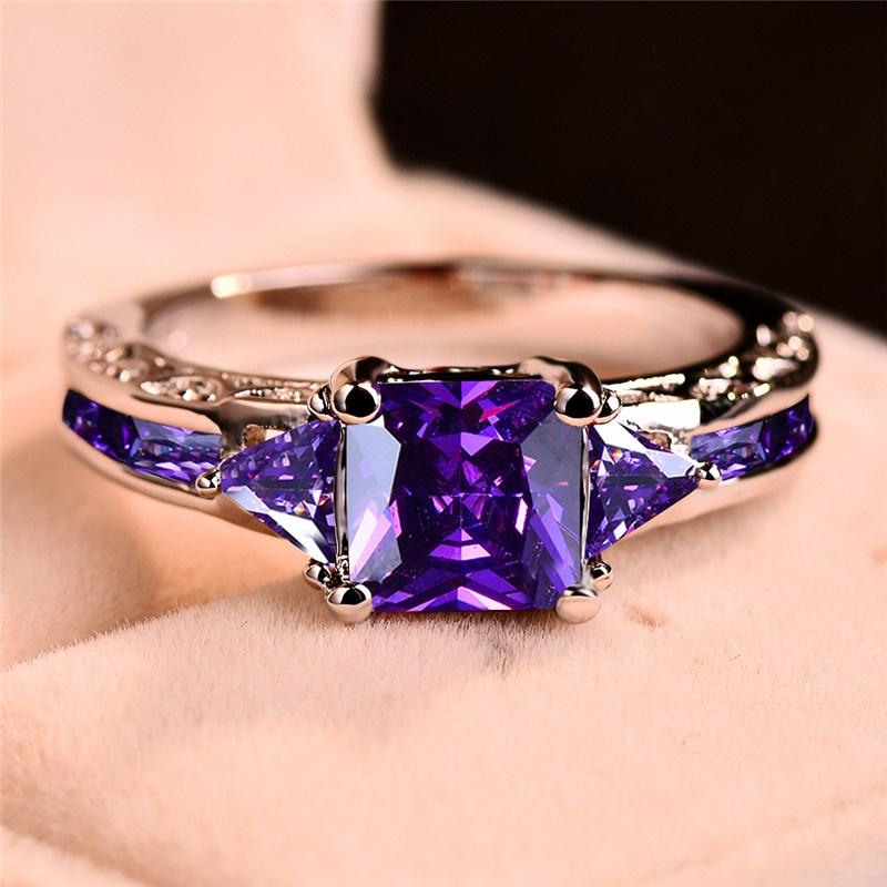 Fashion Women Zinc Alloy Princess Cut Purple Glass Wedding Ring Party Jewelry Gifts Size 5 6 7 8 9 10 11 ARI