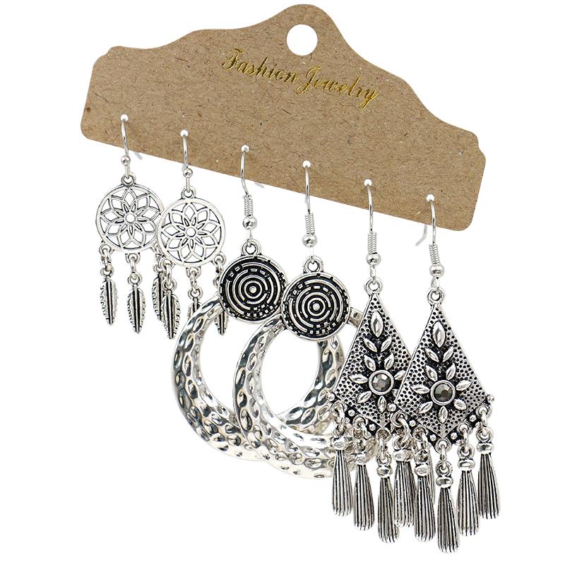 Antique Sliver-Plated Hollow Alloy Geometric Dangle Indian Earrings For Women Gypsy Zircon Boho Ethnic Leaf Bell Tassel Earring
