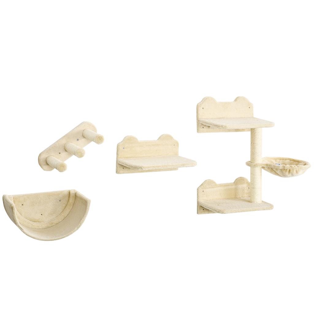 4PCs Wall-Mounted Cat Shelves w/ Scratching Post, Hammock, Nest - Beige