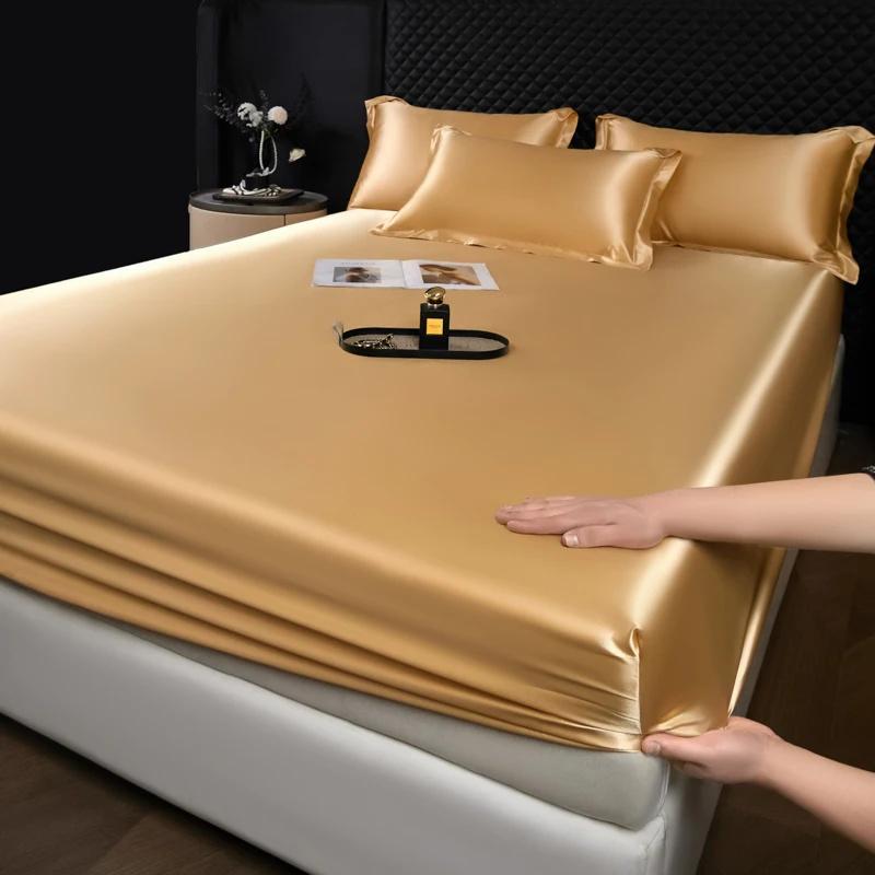 1 шт. Сатин Эластичная Натяжная Простыня Однотонный Чехол на Матрас для Односпальной Двуспальной Двуспальной Кровати King Queen Full Twin Простыня Сатин Постельное Белье