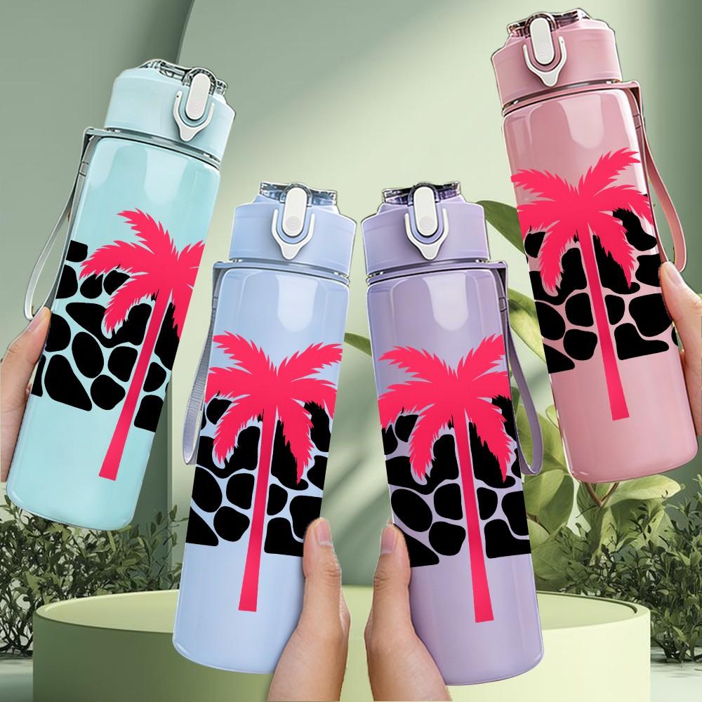 1PC Palm Tree Black Spot Print 750ml Color Plastic Sports Water Bottle Leakproof Flip Straw Lid Suitable for Sports Office Home Use