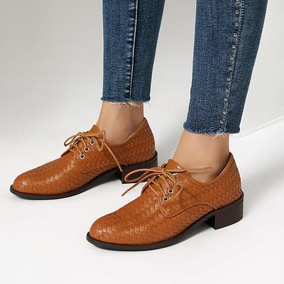 Большой размер Тканый узор ПУ На шнуровке Толстый каблук Лоферы Британский стиль Летние Дышащие Ретро Неглубокие Женские Туфли