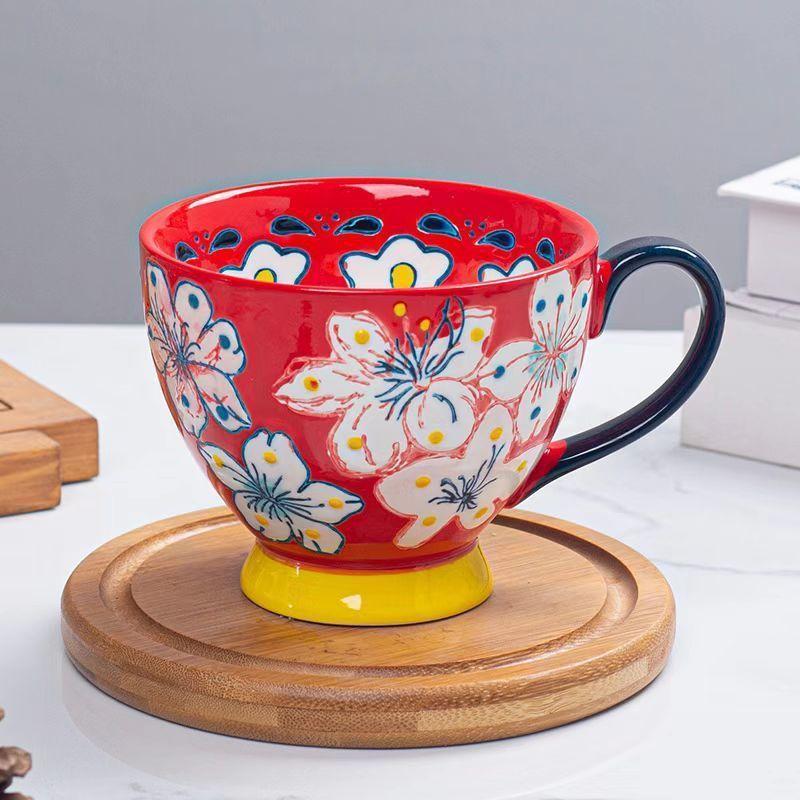 Керамическая чашка для воды с рельефным рисунком, чашка для завтрака с цветочным рисунком, европейская чашка для хлопьев, большая чашка с рисунком, креативная чашка